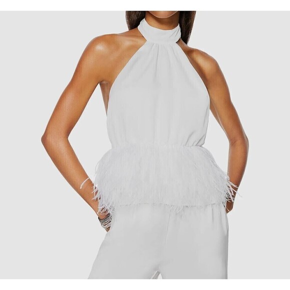 Ramy Brook NEW $365 White Danni Mock Neck Feather Blouse Top Size Medium - Picture 1 of 9